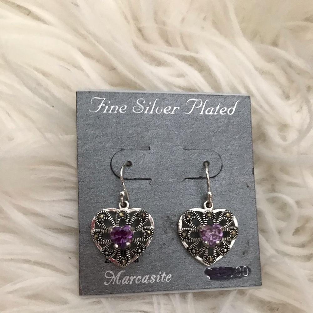 Silver purple heart earrings